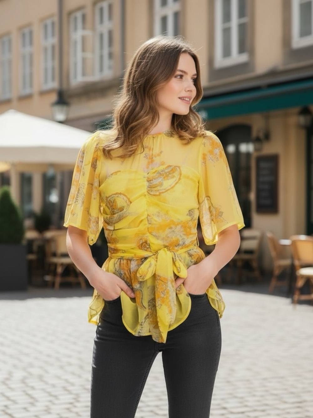 Walter Baker Tyrone Ruched Yellow Sheer Ruched Short Sleeve Blouse Size: L